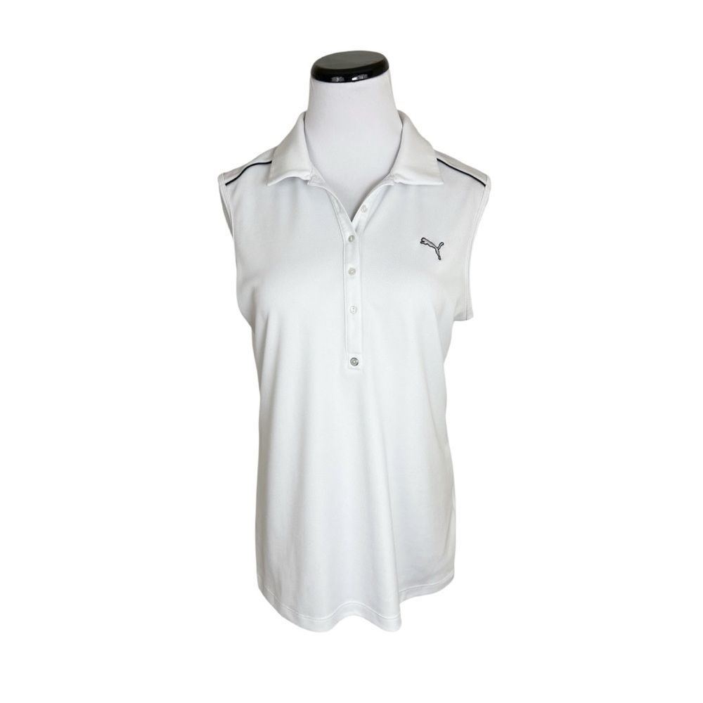 Puma Womens Sleeveless Polo Shirt Collared Tank Top White Black Size Large